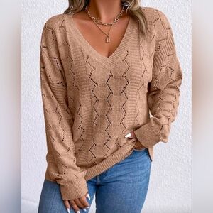 New Pointelle Knit V Neck Top Sweater Camel Tan